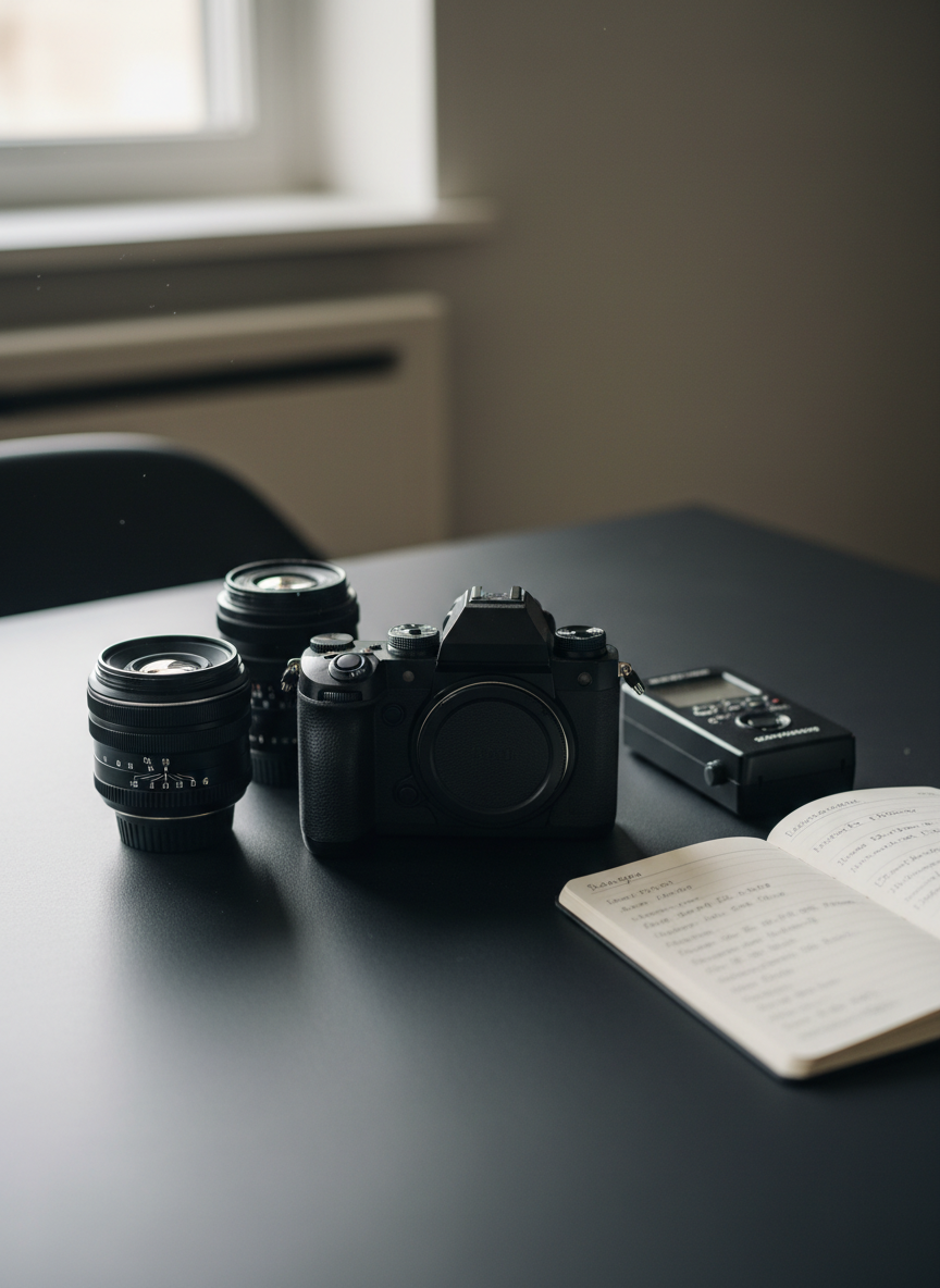 A meticulously arranged collection of professional photography tools laid out on a dark matte tabletop: a high-end mirrorless camera body with a slightly worn metal grip, prime lenses with fine engraved markings, a sleek light meter, and a small notebook open to handwritten exposure notes. Subtle dust specks catch the light on the lens glass. Soft, diffused window light from the left creates gentle highlights on metal edges and long, understated shadows, evoking a calm, contemplative studio atmosphere. Photographic realism with a clean, minimalist aesthetic, shot from a slightly elevated angle with shallow depth of field, keeping the central camera in crisp focus while the surrounding objects melt into a sophisticated, muted bokeh background.