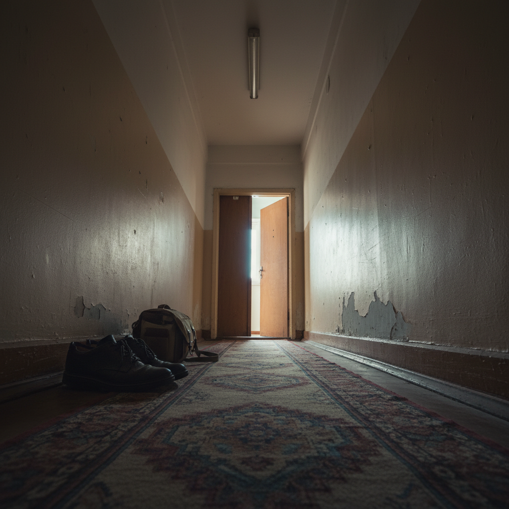 A narrow, dimly lit corridor of an old apartment building, walls painted in muted beige with slight peeling near the baseboards, leading toward a half-open door at the end. On the floor, a carefully placed pair of worn black leather shoes and a small camera bag rest beside a thin runner rug. A single overhead fluorescent tube flickers faintly, supplemented by a cool, diffused glow spilling from the partially open door, creating a gradient of light down the hallway. The atmosphere feels documentary and contemplative, evoking unseen daily lives and narratives. Photographic realism, captured from a low, slightly off-center angle, deep depth of field maintaining sharp detail throughout, emphasizing linear perspective and the quiet tension of the in-between space.