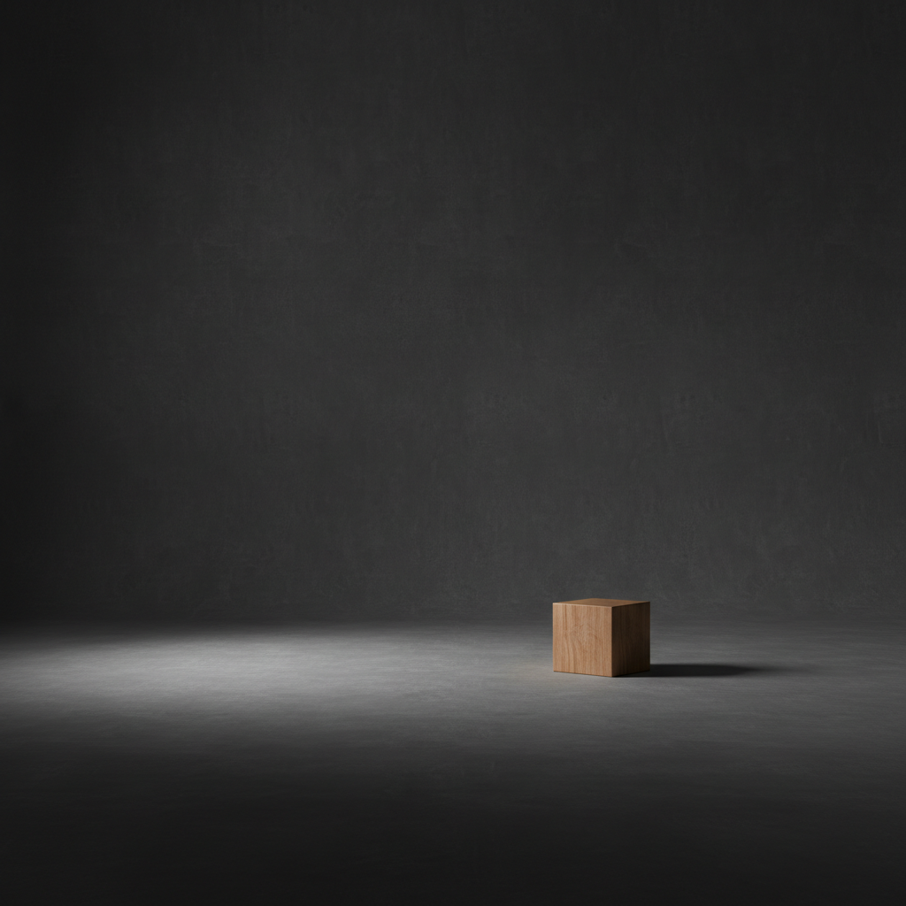 A large, finely textured charcoal-grey backdrop stretching across a studio floor, meeting a smooth vertical wall in a seamless curve, representing an abstract space for photographic exploration. On the ground, a single polished wooden cube with a subtle grain sits slightly off-center, its edges catching a narrow shaft of side light. The rest of the space falls into soft, velvety shadow. The atmosphere is quiet and introspective, suggesting potential portraits without showing any figures. Photographic realism with a minimalist, gallery-like mood, captured at eye level using the rule of thirds, with a wide aperture that keeps the cube sharp while the distant backdrop gently blurs into tonal gradations of grey.