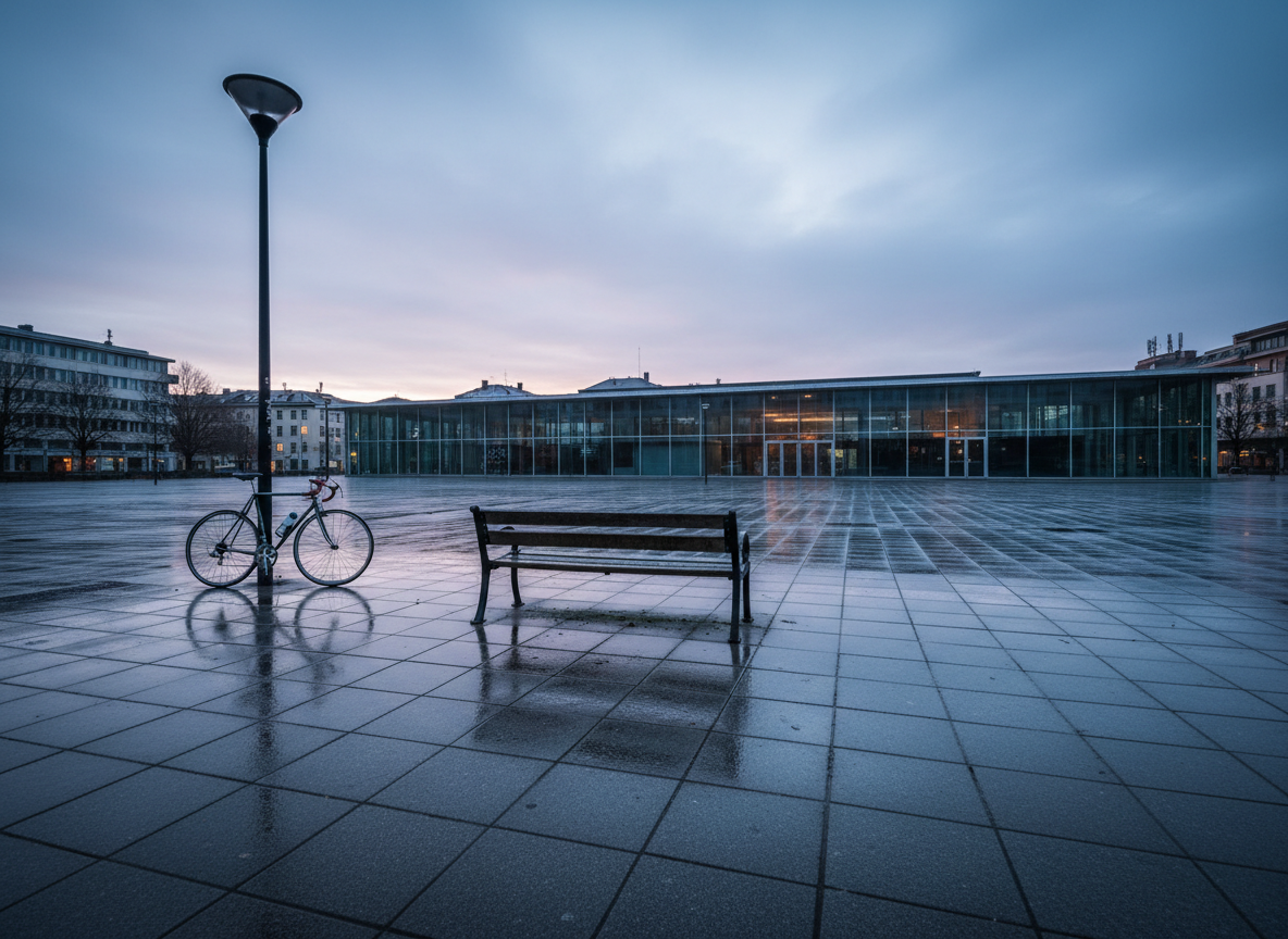 A stark, almost empty public square at early dawn, paved with large, cool-grey stone tiles still damp from a recent rain. In the center, a single park bench made of dark metal and wood faces away toward a low, modern building with broad glass panels reflecting a pale sky. A lone bicycle leans against a lamppost to one side, casting a faint, elongated shadow under the soft bluish pre-sunrise light. The atmosphere is quietly cinematic and contemplative, evoking themes of space, solitude, and daily routines without any visible people. Photographic realism, wide-angle lens at eye level, deep depth of field to keep every stone and reflection crisp, with a minimalist, sophisticated color palette of greys, blues, and subtle warm accents from distant windows.