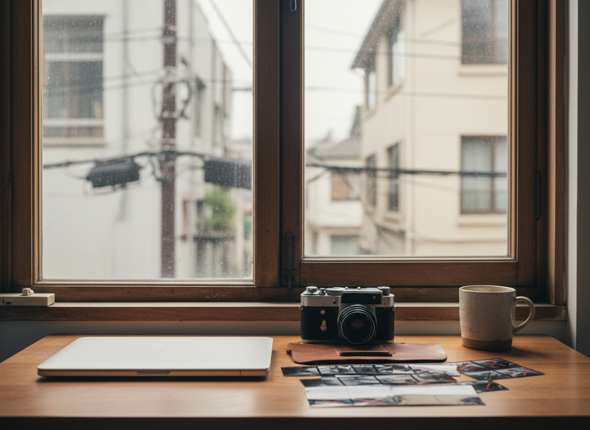 A meticulously organized personal desk by a large window in a small apartment: a closed laptop, a vintage 35mm film camera, scattered contact sheets with frame markings, and a ceramic mug bearing faint coffee rings on the wood surface. Outside the slightly dusty glass, only the blurred shapes of surrounding buildings and cables are visible, emphasizing interior space. Soft overcast daylight seeps through, creating gentle, uniform illumination with very subtle shadows and reflections on the desk. The mood is calm and introspective, suggesting a photographer’s daily workspace and process. Photographic realism with a quiet, sophisticated palette of neutrals and soft browns, framed from a slightly elevated angle, using the rule of thirds and a shallow depth of field that keeps the desk objects sharp while the exterior city fades into abstract bokeh.